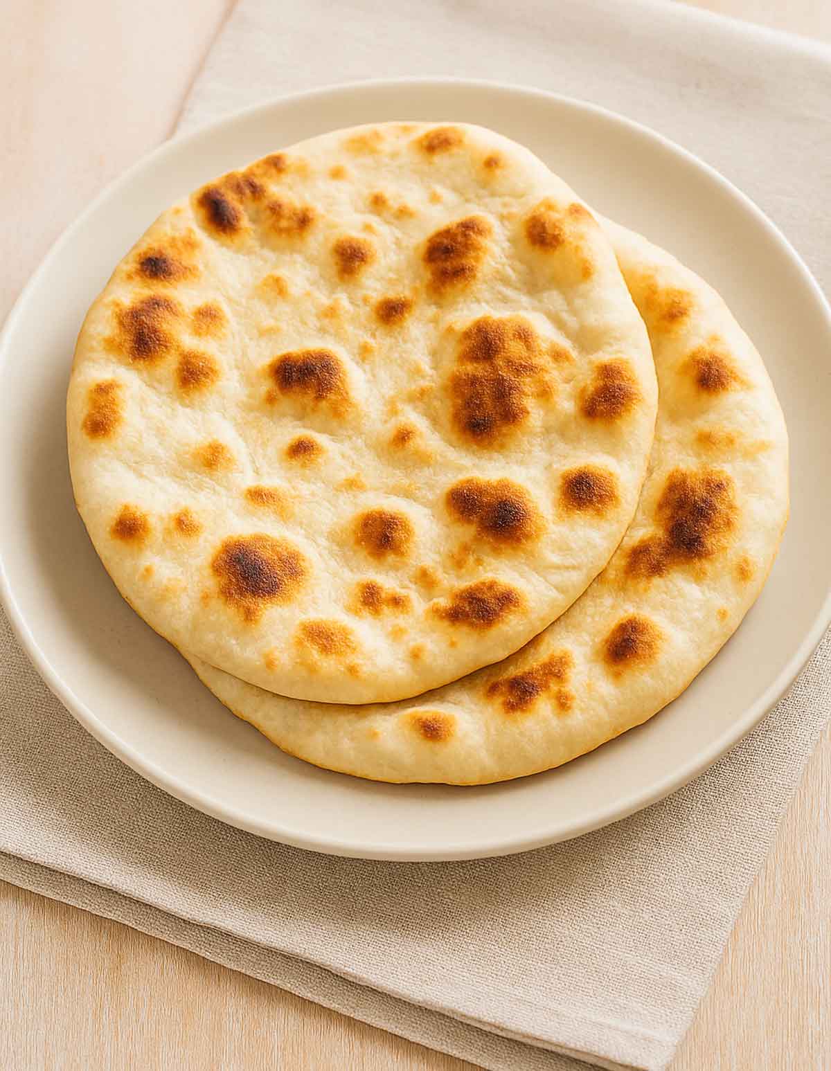 Soft and fluffy naan bread served hot on a plate