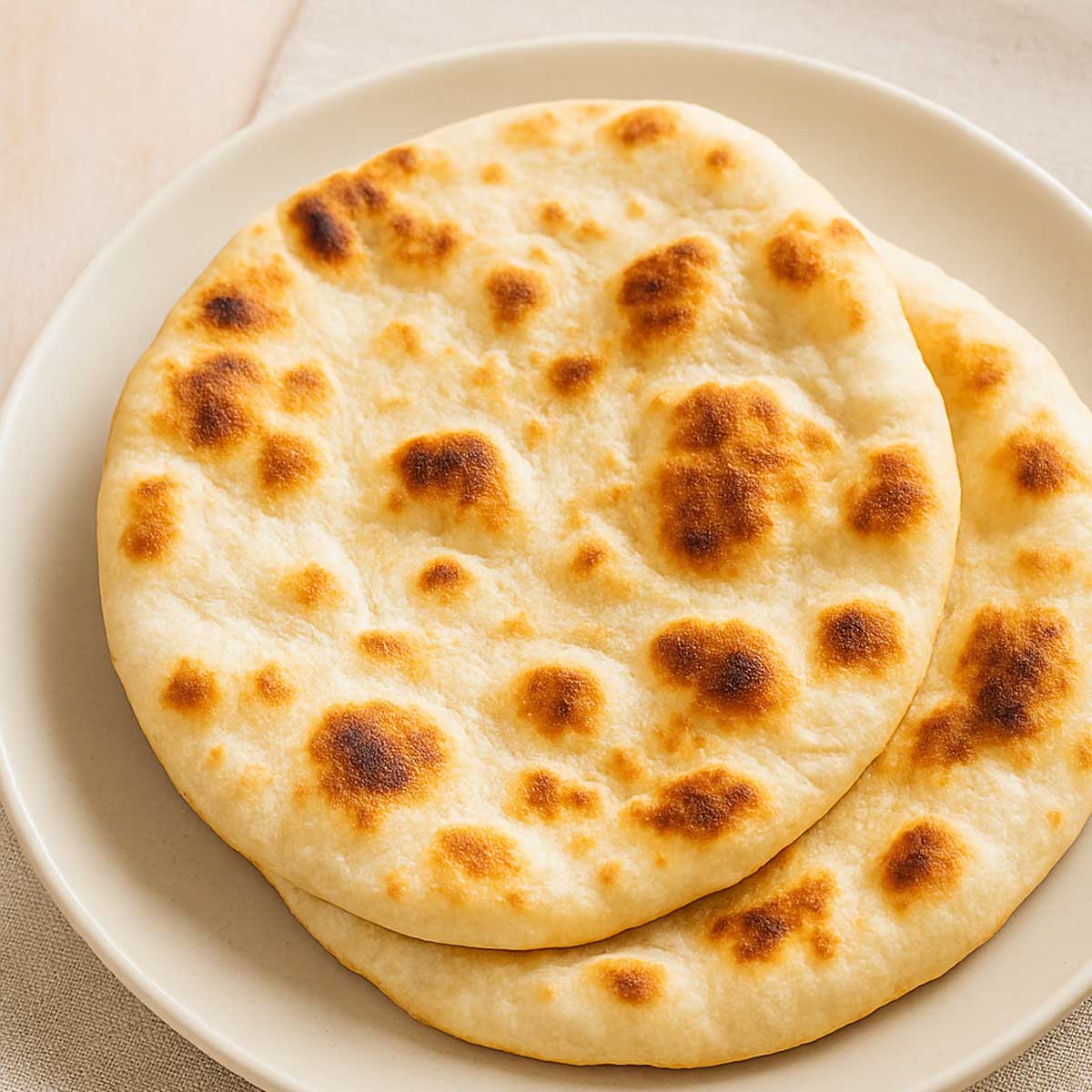 Chewy and airy Indian flatbread naan ready to serve with curry