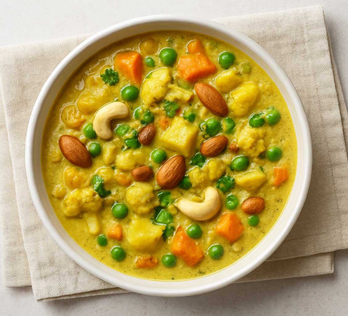 creamy Navratan Korma with paneer, vegetables, and almonds in a bowl