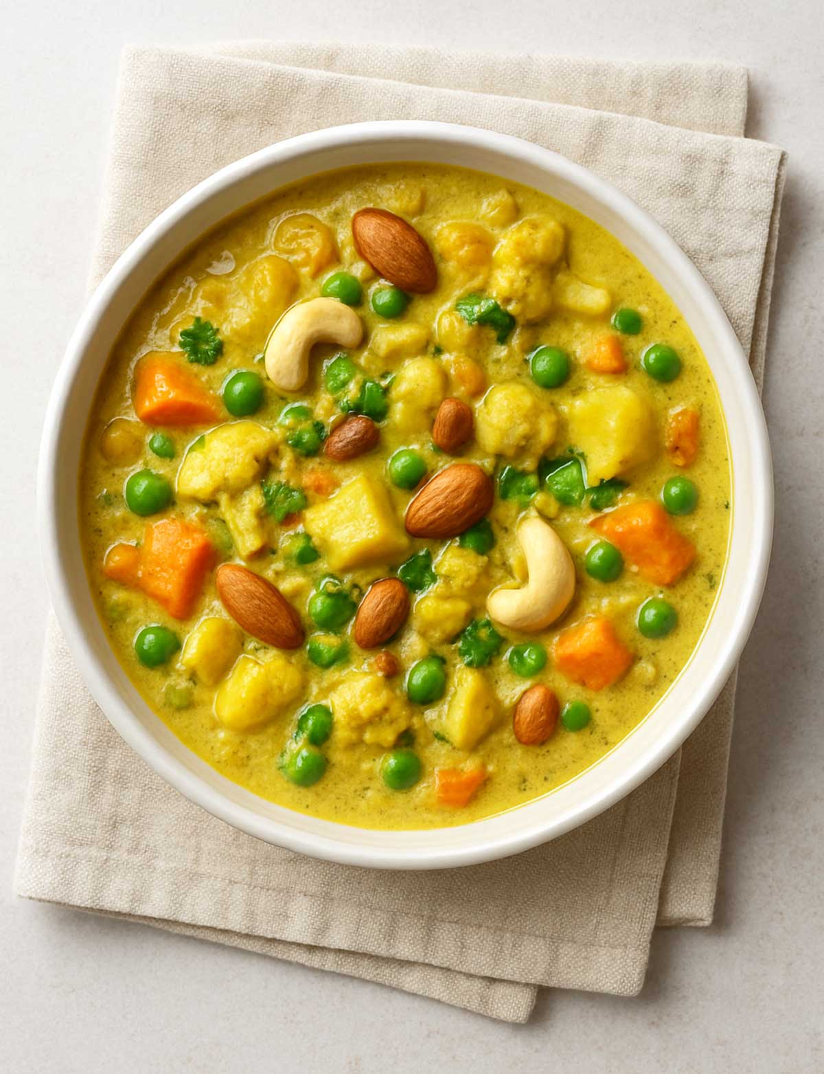 Colorful Navratan Korma with carrots, beans, peas, cauliflower, and paneer in creamy gravy