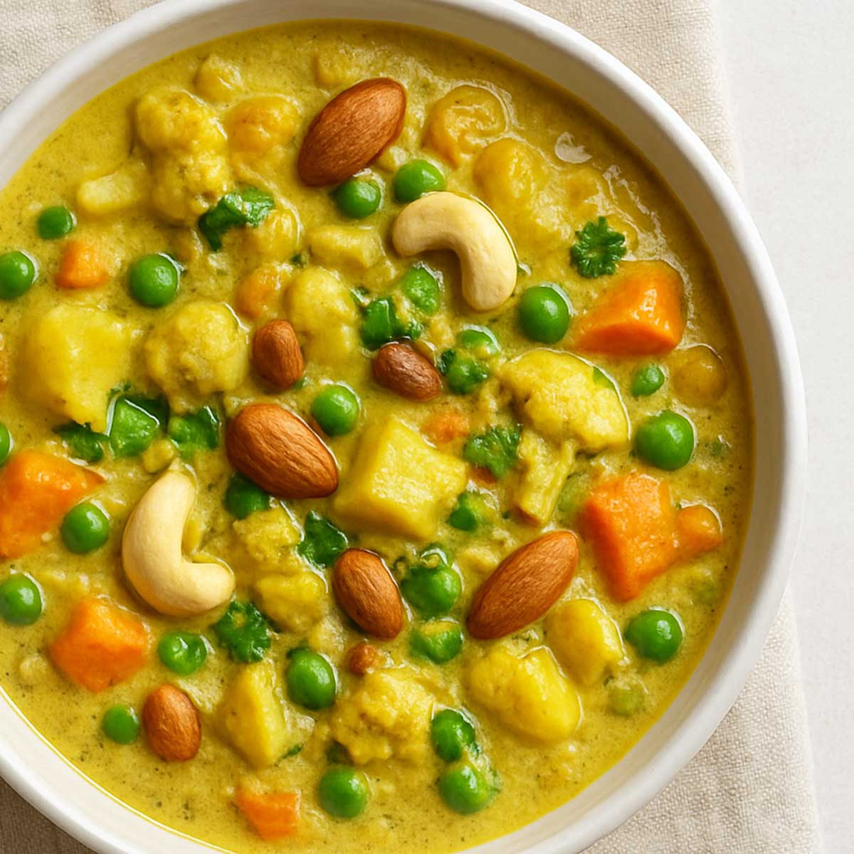 Vegetarian Navratan Korma with cashew-almond paste and a creamy texture, ready to serve