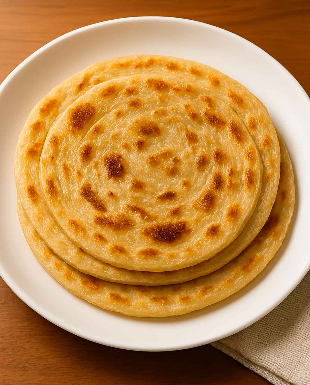 Fluffy plain paratha served on a white plate with ghee on top
