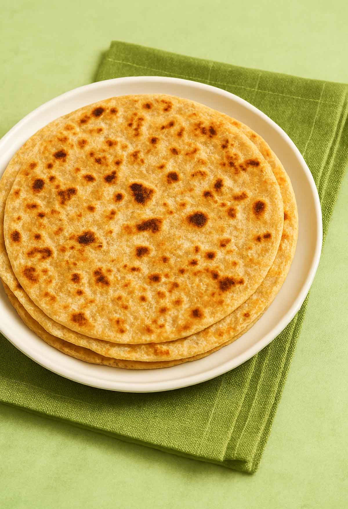 Plain Paratha cooked on tawa served on a white plate soft and flaky Indian flatbread