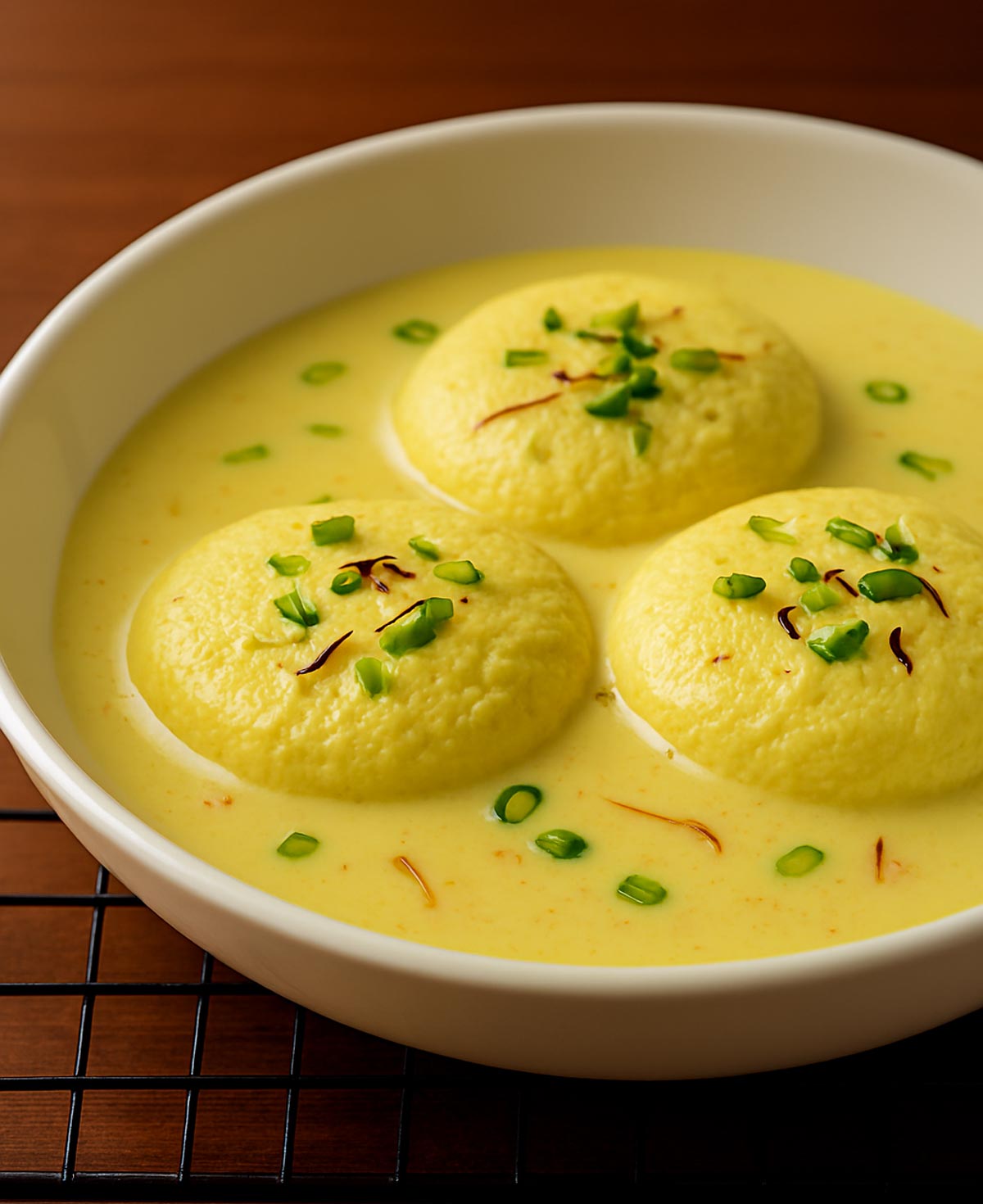 Creamy milk-based Indian sweet Rasmalai balls in sweetened milk served chilled in a dessert bowl.