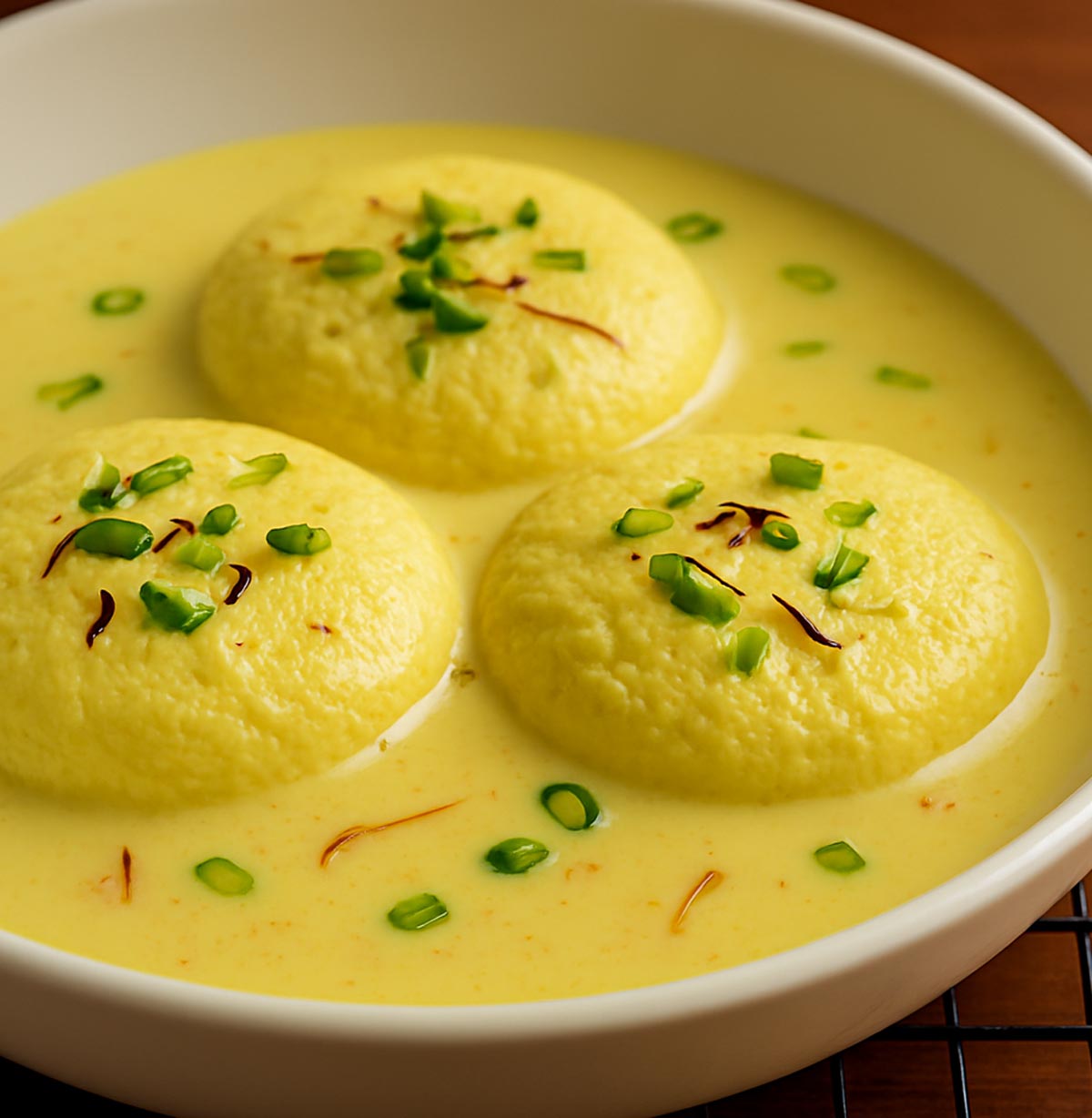 Soft and spongy Rasmalai balls soaked in creamy saffron-flavored milk.