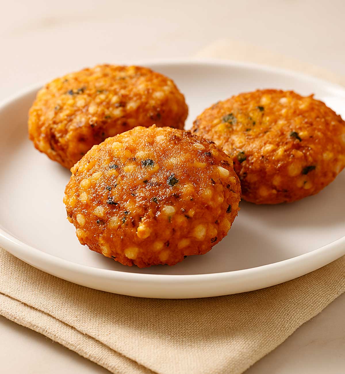 vegan and gluten-free sabudana vada served on a white plate for tea-time snack