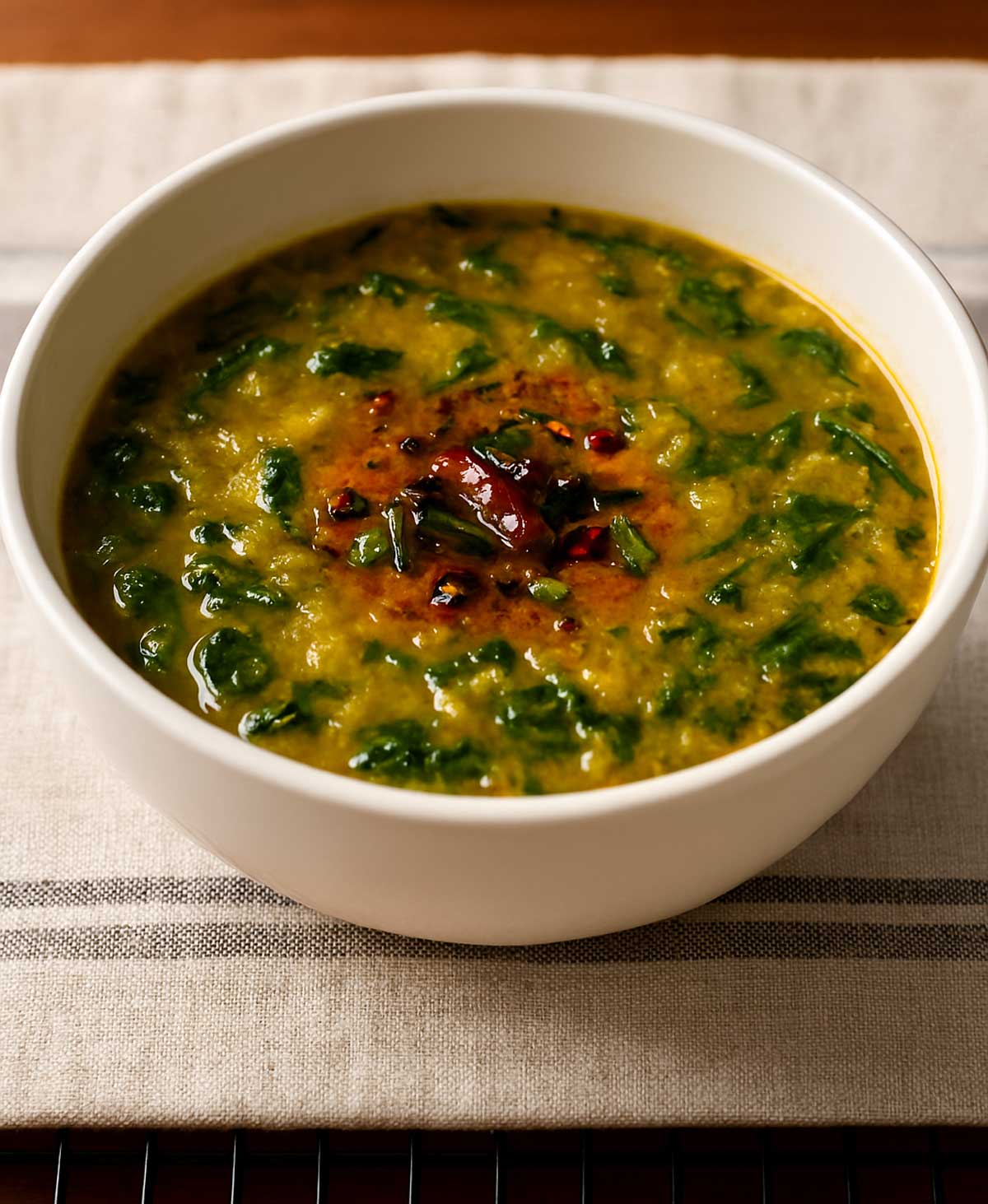 Protein-rich spinach dal curry (Palak Dal) served in a bowl with a flavorful tadka of cumin seeds, dried chili, and garlic sizzling on top.