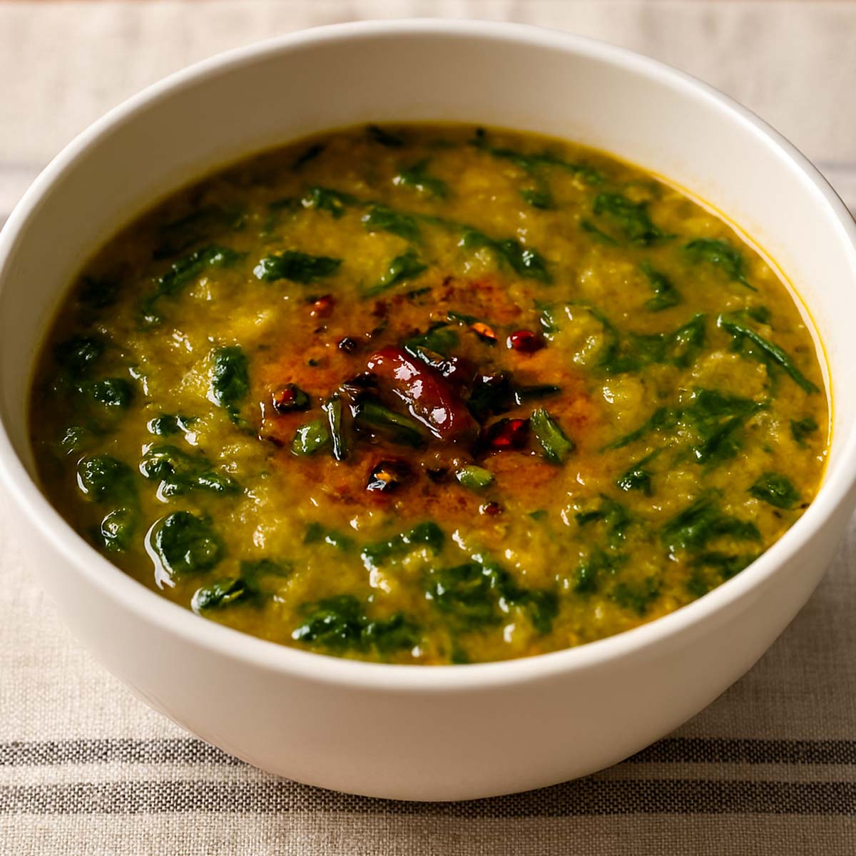 A bowl of creamy Dal Palak garnished with fresh coriander and a sizzling tempering of cumin seeds, garlic, and dried red chili.