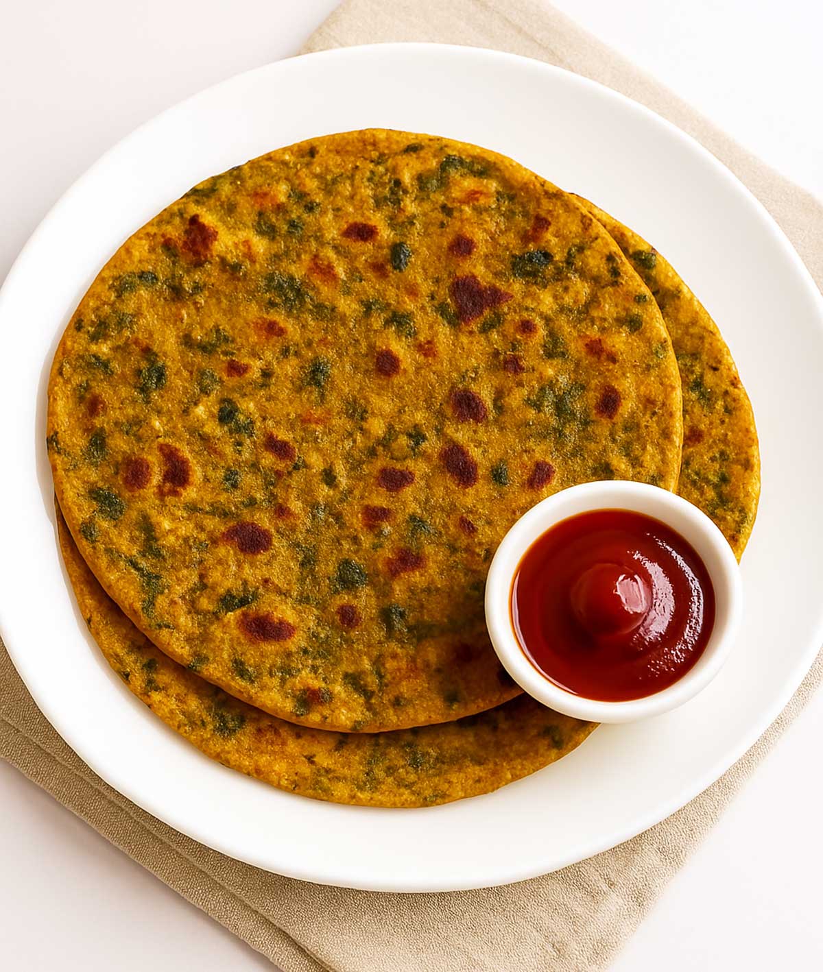 Methi thepla with chutney served on a plate