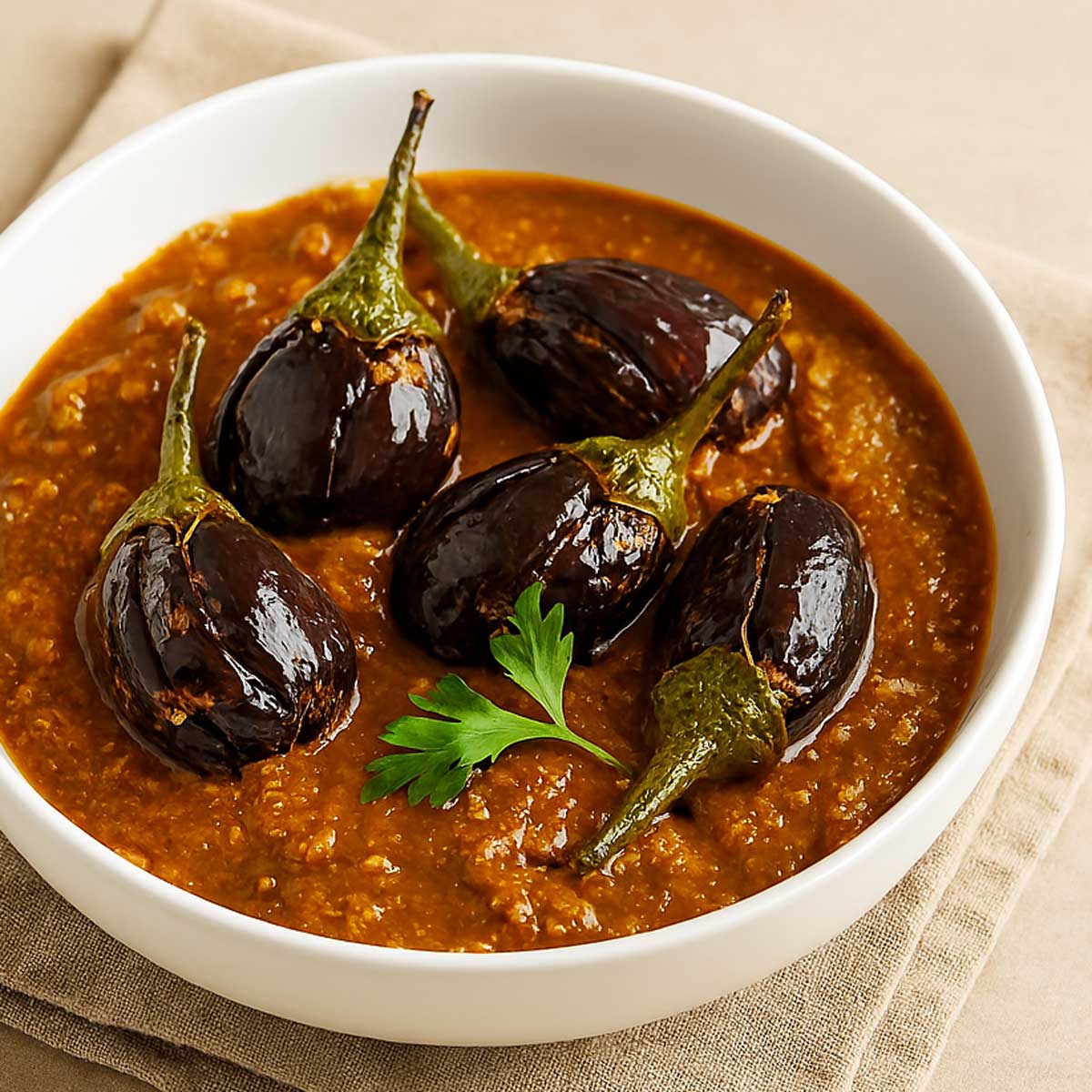 Restaurant-style stuffed brinjal curry ready to serve with jeera rice