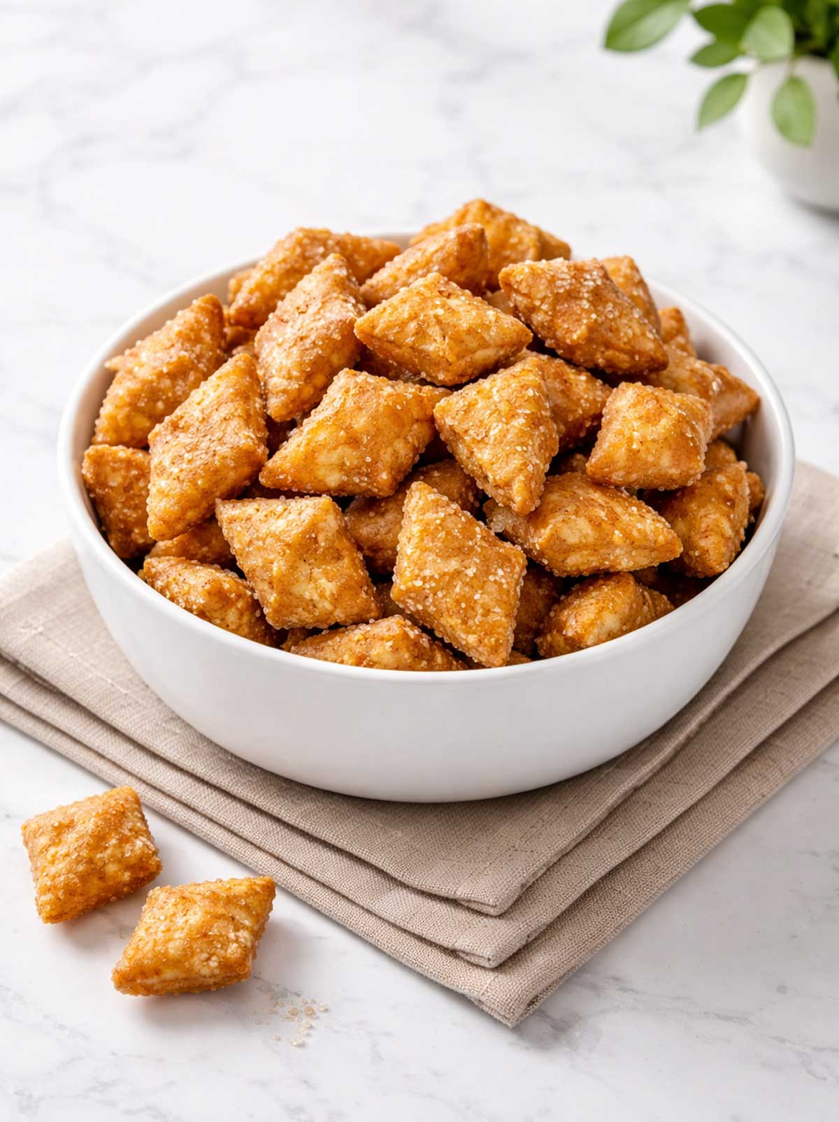 Shankarpali or Shakkarpara crispy Indian sweet snack served with steaming cup of tea on a plate