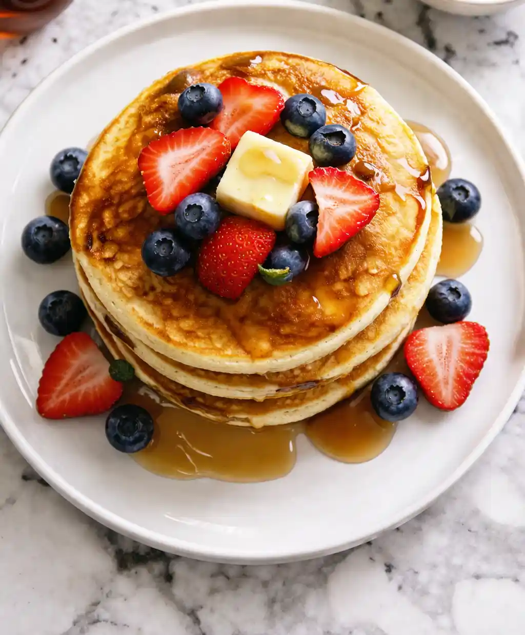 Golden eggless pancakes with a light Indian touch, served warm with fruits and syrup