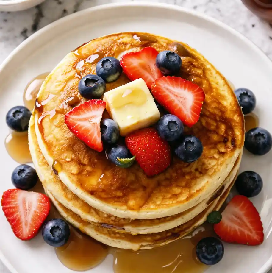 eggless pancakes recipe fluffy Soft homemade eggless pancakes stacked and drizzled with honey, topped with sliced strawberries