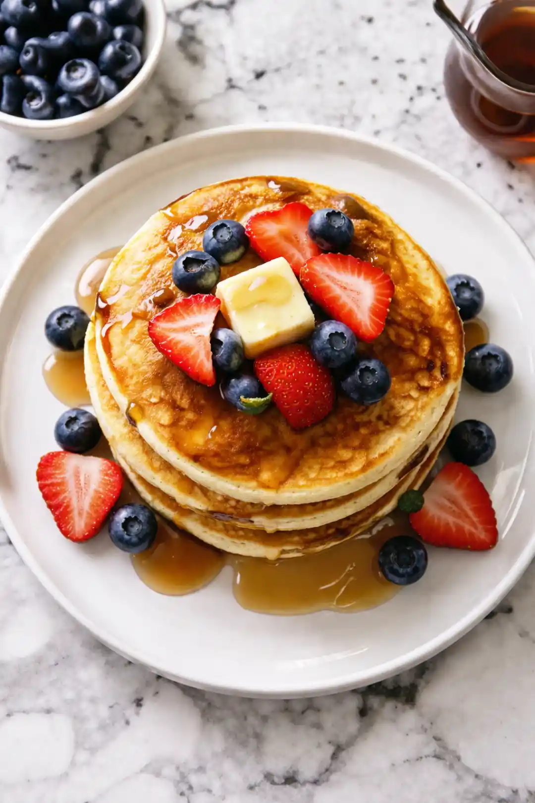 Fluffy eggless pancakes served with fresh strawberries and honey on a white plate