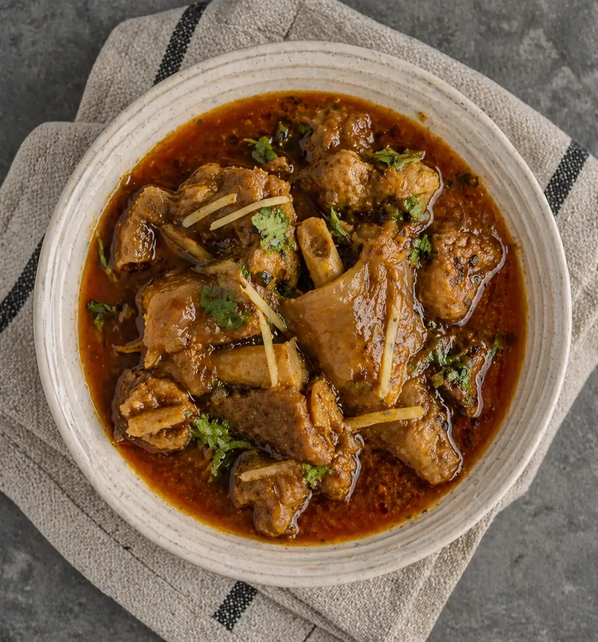 mutton paya Indian lamb trotters curry served in a plate