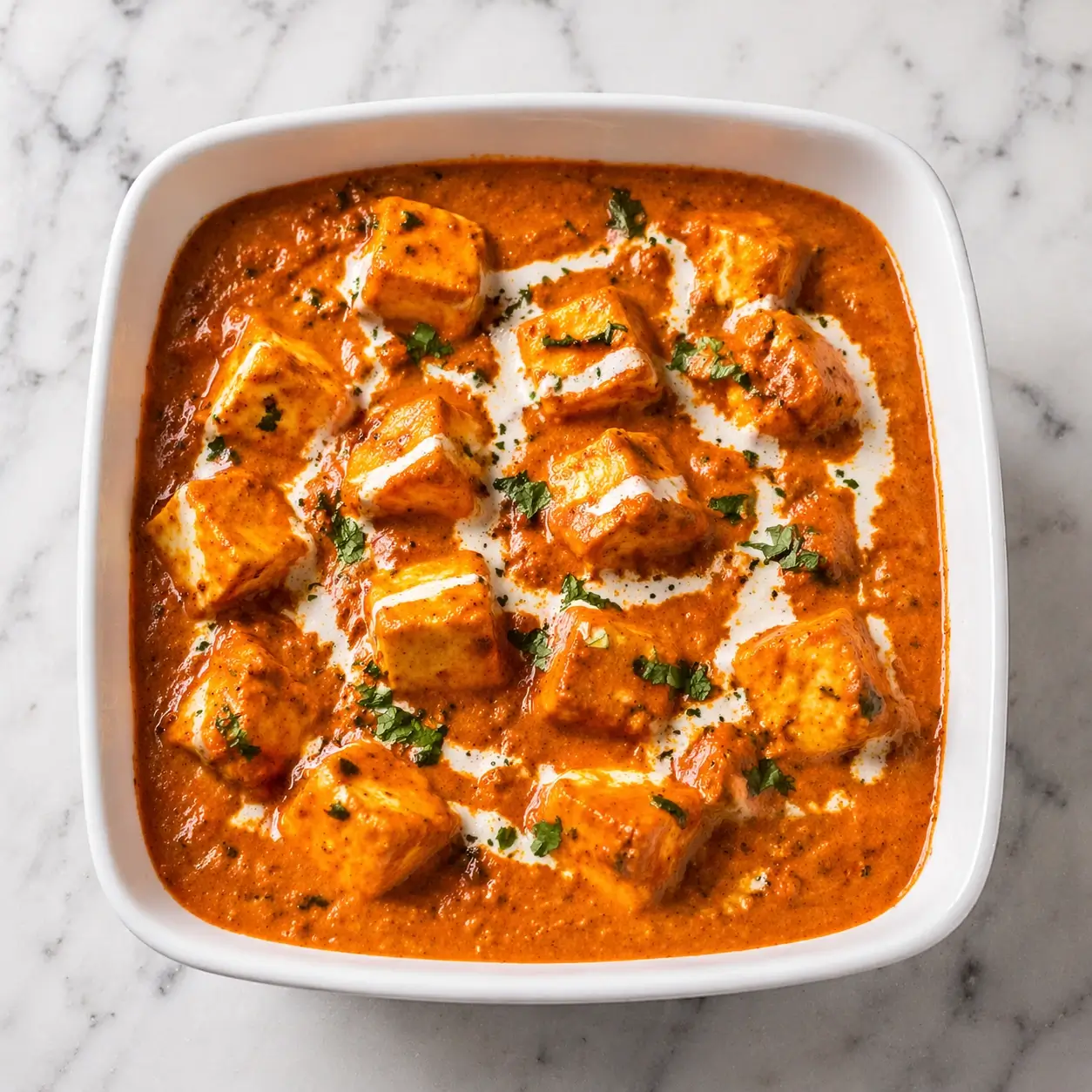 Top view of Paneer Lababdar served in a white bowl, featuring soft paneer cubes in a rich, creamy tomato-based gravy garnished with fresh coriander leaves, butter glaze, and Indian spices, styled as a restaurant-style North Indian curry.